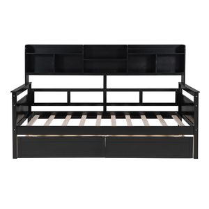 Espresso Twin Size Daybed with Wood Slat Support <b>Bedside</b> <b>Shelves</b> Two Drawers - Product Image 3