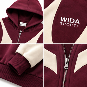 Custom 350 GSM Maroon Cream Applique Color Block Full <b>Zip</b> Cotton Polyester Fleece Streetwear Hoodie - Product Image 5