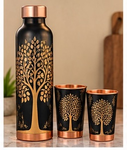 Handcrafted Copper <b>Water</b> <b>Bottle</b> with Two Cups Floral Pattern Portable <b>Metal</b> Flask Set - Product Image 5