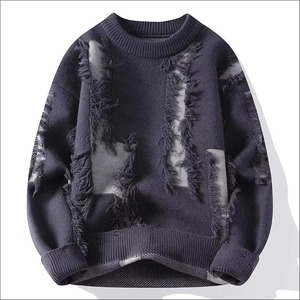 Pull en tricot noir surdimensionné pour homme avec franges, col rond, pull d'hiver anti-boulochage, coupe classique, couleur unie - Product Image 5