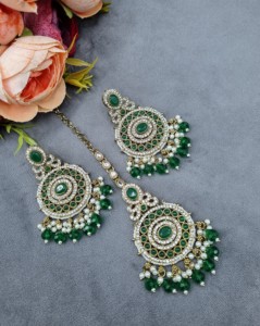 Traditional Oval CZ Stone Round Shape <b>Earrings</b> And Mang Tika Set Pearl Beaded Ethnic Party Wear Fashion Jewellery Set Collection - Product Image 3