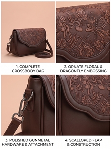 Brown Embossed Floral Handtooled Genuine Leather Single <b>ZIP</b> Vintage Crossbody Shoulder Bag PU Lined Flap Purse for Daily Travel - Product Image 5