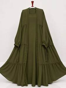 Abaya longue vert olive à manches longues, respirante, faite à la main, coupe ample, couleur unie, pour femmes adultes, usage quotidien toutes saisons - Product Image 1
