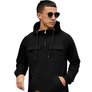 Sweat-shirt à capuche noir pour homme, demi-zip, poche kangourou, mélange de coton et polaire, décontracté, streetwear, chaud pour l'hiver, ODM, séchage rapide, respirant - Product Image 1