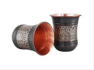 Puer Copper Double Wall Tumbler Set of 2 Handle <b>Straw</b> 250ml Capacity Floral Pattern Curved Design for Ayurveda Health Benefits - Product Image 5