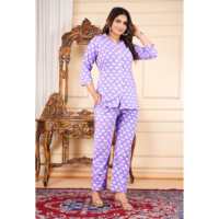 Conjunto de 2 Piezas para Mujer, Cuello en V, Manga Larga, Informal, para Descansar, Estampado Morado, 100% Algodón Orgánico, Suave, Camisones para Dormir