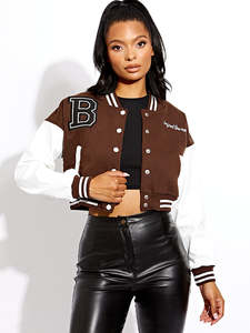 Wholesale New Design Women's Brown Varsity Jacket With White <b>Leather</b> Sleeves And Patch Embroidery <b>Short</b> Crop Style Jacket - Product Image 5