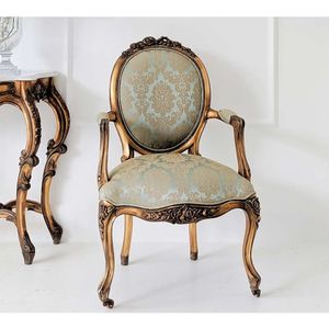 Sillón de comedor antiguo dorado, sillón de lactancia estilo francés con hojas de oro, hecho de madera de caoba y tapicería de tela. - Product Image 5