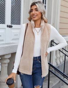 <b>Women's</b> <b>Beige</b> Faux Fur Vest Stand Collar Zipper Closure Sleeveless Outerwear Casual Style Solid Color Velour Fabric OEM - Product Image 4