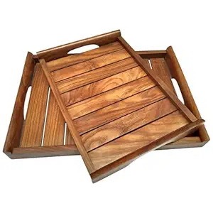 Custom <b>Rustic</b> Acacia Wooden Serving Tray Set with Handles - Decorative Large Rectangular Wood Platters for <b>Coffee</b> <b>Table</b> - Product Image 2