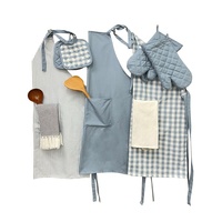 Celemek Dapur Tanpa Lengan Gaya Prancis Biru Modern Motif Garis Bahan Poliester dengan Kantong untuk Membersihkan dan Memasak Penggunaan di Rumah