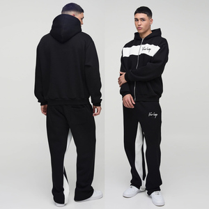 Conjunto Deportivo Unisex de Invierno para Hombre, Talla Grande, Color Sólido, Sudadera Corta con Bloques de Color, Pantalones Deportivos Anchos, Estilo Urbano - Product Image 1