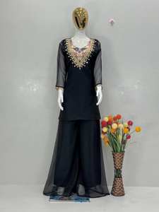 Nuevo Conjunto de Kurta y Palazzo con Cuello Halter, Bordado en Negro, para Bodas y Fiestas, en Tela Tebby Organza Resistente a las Arrugas - Product Image 3