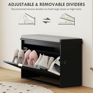Black 31.5x10.2x18.7 Inches Shoe Storage <b>Bench</b> with <b>Padded</b> Seat Cushion and Flip Drawer Entryway <b>Bench</b> and Shoe Cabinet - Product Image 6