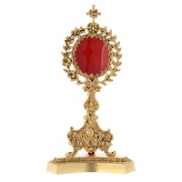 Reliquaire/Monstrance en laiton antique finition dorée, design traditionnel, croix rouge centrale, pour table, durable, en métal, pour salon
