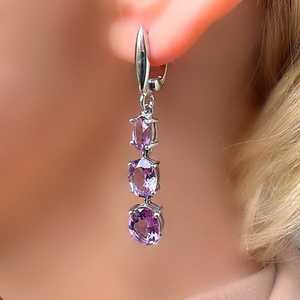 Boucles d'oreilles pendantes vintage en argent sterling avec améthyste véritable, bijoux élégants en pierre précieuse violette, pierre de naissance de février, cadeau de mariage - Product Image 5