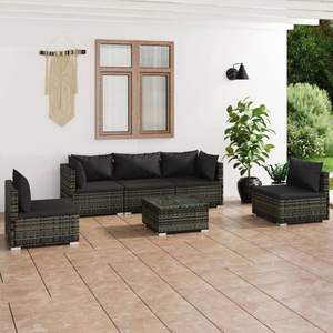 <b>6</b>-<b>Piece</b> Poly Rattan Gray <b>Patio</b> Lounge <b>Set</b> with Cushions Outdoor Furniture - Product Image 1