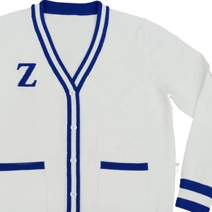 Cárdigan de punto blanco OEM con ribete azul y cuello en V con la letra Z, manga larga, estilo preppy para mujer. - Product Image 4