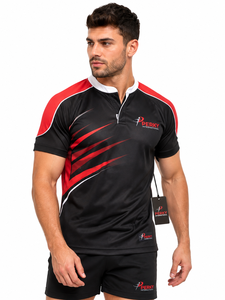 Maillot de rugby sublimé pour homme de qualité supérieure, manches courtes, noir, rouge, blanc, respirant, coupe athlétique, à prix avantageux - Product Image 1