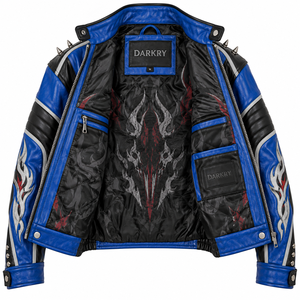 Chaqueta de cuero azul para mujer con gráfico de calavera y llamas, hombros con tachuelas, cuello con cremallera, estilo motero, hecha a medida, proveedor personalizado - Product Image 5