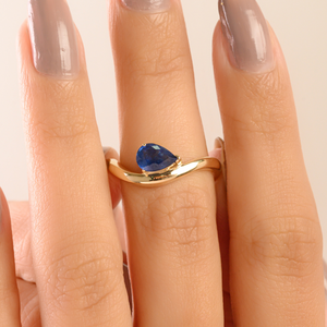 Anillo de Oro Amarillo Sólido de 14K con Zafiro Azul en Forma de Pera 100% Natural de Alta Calidad, Banda Ondulada Apilable, Joyería de Piedra de Nacimiento de Septiembre - Product Image 2