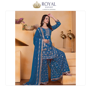 Collection de vêtements indiens de créateurs pour occasions festives, en faux georgette avec broderies de sequins, ensemble sharara, en promotion. - Product Image 2