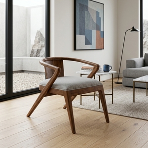 Fauteuil de salle à manger en bois massif nordique avec accoudoirs sculpturaux courbés et assise en tissu – Chaise pour hôtel, restaurant, café – Ensemble de mobilier d'art pur - Product Image 3