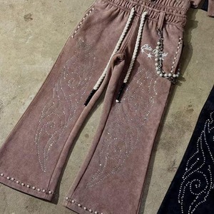 Chándal de invierno para hombre, estilo urbano, con doble cintura, bordado, lavado ácido, diseño desgastado, pedrería y perlas impresas personalizadas, 100% - Product Image 4