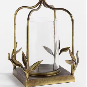Elegant Gold Lantern with <b>Leaf</b> Details Glass Cylinder Candle Holder for Indoor and Outdoor Decor Modern Home <b>Lighting</b> Accent - Product Image 1