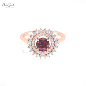 Wholesale Supplier 14k Solid <b>Gold</b> Natural 0.74 Ct Round Cut Rhodolite Garnet <b>Cocktail</b> <b>Ring</b> with Pave Diamond Halo <b>Ring</b> - Product Image 1