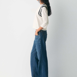 Camiseta de Verano Nueva a la Moda de Color Sólido con Rayas 100% Algodón, Holgada, Cómoda, Informal, de Manga Tres Cuartos para Mujer - Product Image 6