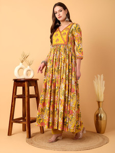 Women Yellow Floral Printed Cotton Anarkali <b>Suit</b> <b>Trouser</b> Dupatta V-Neck Regular Fit Knee-Length Quick Dry Traditional Casual - Product Image 3