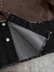 <b>Mens</b> Denim <b>Shirt</b> Color Block Brown <b>Black</b> Two Tone Panelled Frayed Seam <b>Short</b> <b>Sleeve</b> Boxy Streetwear Drop Shoulder - Product Image 3