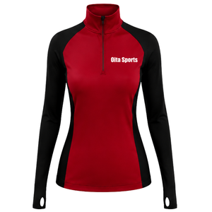 Women Quarter Zip Athletic <b>Top</b> Crimson <b>Red</b> <b>Long</b> <b>Sleeve</b> Fitted Sports Training Shirt High Collar Thumbhole Performance Activewear - Product Image 1
