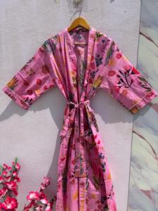 Bata Kimono de Algodón con Estampado Floral Rosa para Mujer, Larga, Cuello en V, Manga 3/4, Cierre con Cordón, Transpirable, Ropa de Dormir Informal de Verano - Product Image 4