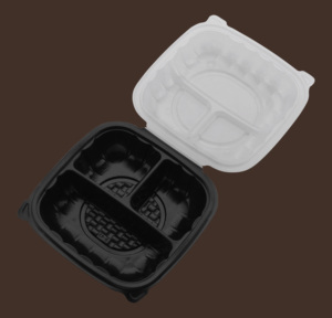 Contenedor de Alimentos para Llevar de Plástico Negro con 3 Compartimentos y Tapa Transparente, Diseño Moderno Desechable, Contenedor de PP Bicolor con Bisagras - Product Image 2