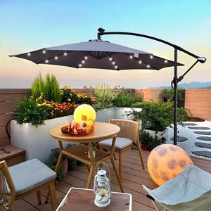 10 ft esterno a energia solare LED illuminato Patio ombrello impermeabile 8 costole a manovella Base croce parasole per giardino ponte cortile - Product Image 1