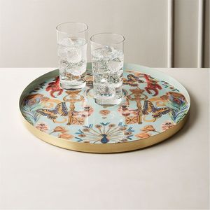 Plateau de service rond décoratif en métal, motif paon vintage, plateau en fer moderne de luxe pour table de cocktail, pour la maison et la restauration - Product Image 1