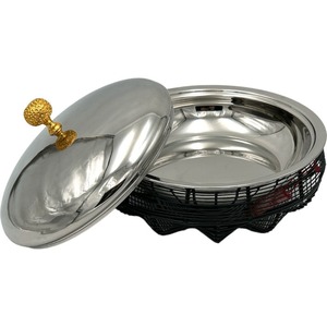 Plat à chafing unique en acier inoxydable rond avec base décorative en fil noir et couvercle à bouton doré pour service de buffet de boutique - Product Image 2