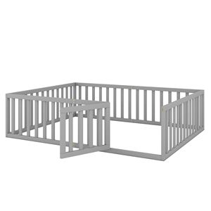 Letto a pavimento Queen Size in legno grigio con recinzione e porta per bambini - Vecchio SKU WF289663AAE - Product Image 6