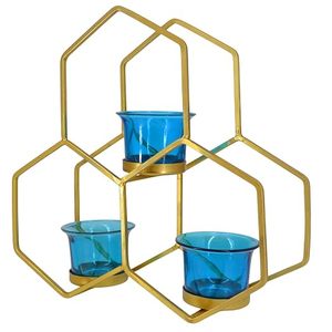 Gold Hexagon Candle <b>Stand</b> with Blue <b>Glass</b> <b>Holders</b> for Home Decoration - Product Image 5