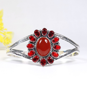 New Arrival 925 Sterling Silver <b>Red</b> Carnelian / <b>Red</b> Opaque Gemstone Sunburst Cuff <b>Bracelet</b> Handcrafted Flower Bangle Jewelry - Product Image 1