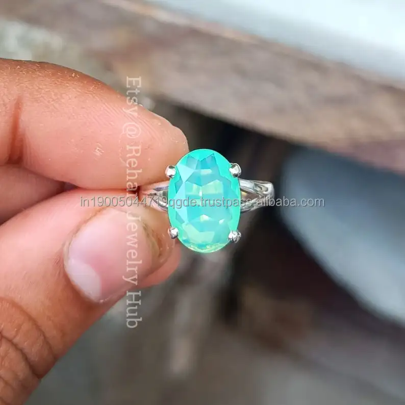 Kustom buatan tangan mode mewah 925 perak murni krisan alami kalsedon batu permata berbentuk Oval Aksesori cincin Pria Wanita