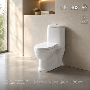 Inodoro de una pieza con taza alargada, sifón en S, doble descarga, montaje en suelo, diseño contemporáneo, cerámica vitrificada, accesorio de baño - Product Image 3
