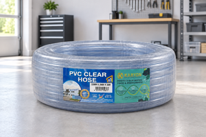 สายยางรดน้ำสวนใส PVC ยี่ห้อ KARYON ขนาด 22 มม. ยาว 30 ม. สายฉีดน้ำแบบยืดหยุ่น พร้อมที่ยึดติดผนังและรอกเก็บสาย - Product Image 1