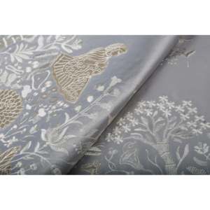 Tissu semi-soie satinée au mètre - 58 pouces de large, broderie florale, oiseaux et fille, gris - TFAB SEMI SILK EMB03 143 - Product Image 1