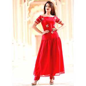 Conjunto de Kurta de Chifón Gherdaar de Manga Corta con Adornos Rojos Talla XS - Product Image 6