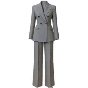 Ensemble de costume gris croisé à col cranté en mélange de laine pour femme, longueur standard, style britannique, blazer en tissu tissé - Product Image 1