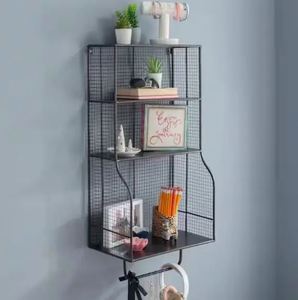 Contemporary Wood and Metal Wall <b>Shelf</b> With Black Powder Coating Finishes High Quality With Three Tiers For Storage at Wholesale - Product Image 5