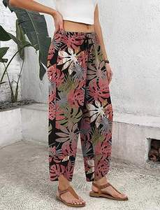 Pantalon Harem Floral Femme Taille Haute Fermeture Élastique Coupe Ample Longueur Cheville Style Bohème Tenue d'Été Imprimé avec Poches - Product Image 1